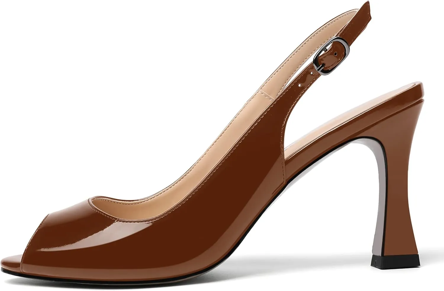 SKYSTERRY Womens Buckle Solid Wedding Peep Toe Patent Cute Slingback Spool High Heel Pumps Shoes 3.3 Inch
