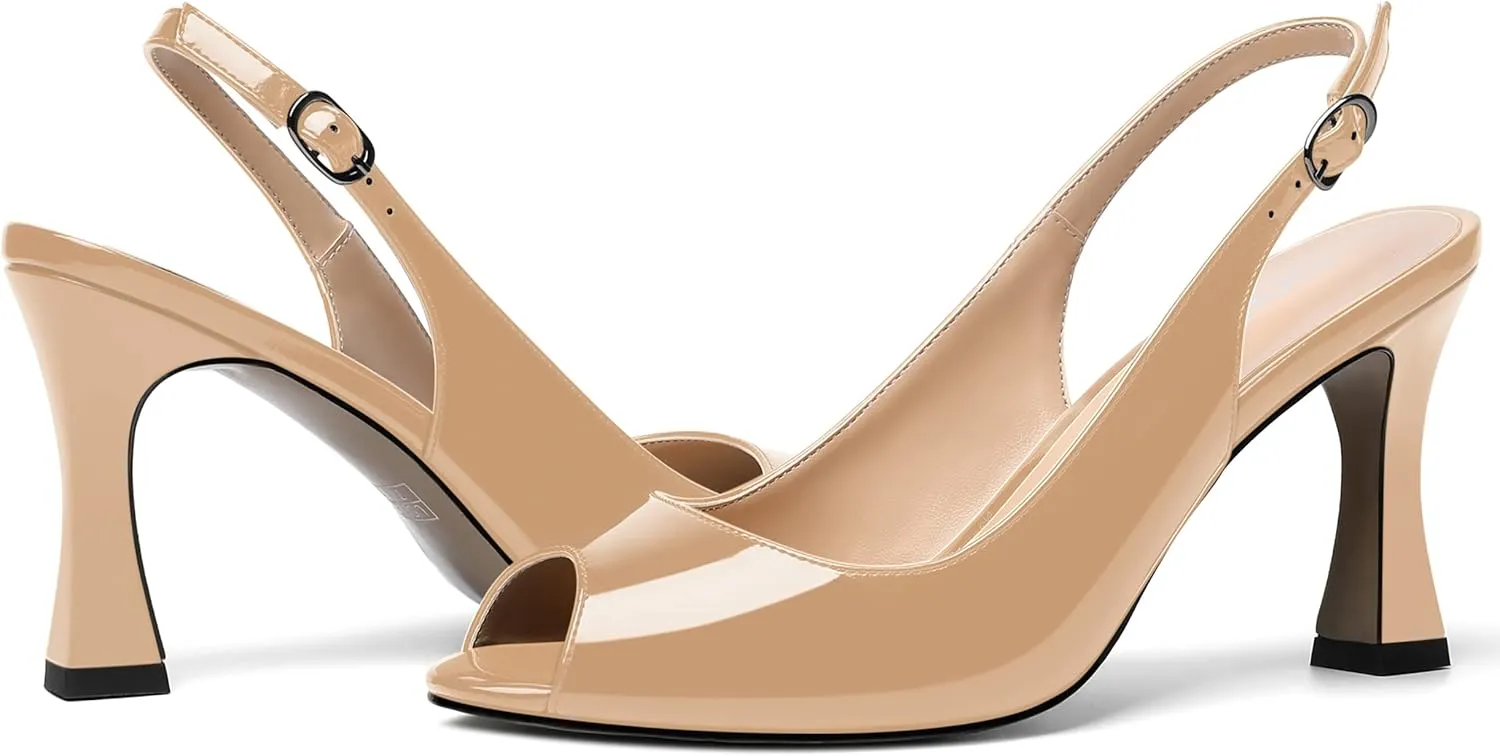 SKYSTERRY Womens Buckle Solid Wedding Peep Toe Patent Cute Slingback Spool High Heel Pumps Shoes 3.3 Inch