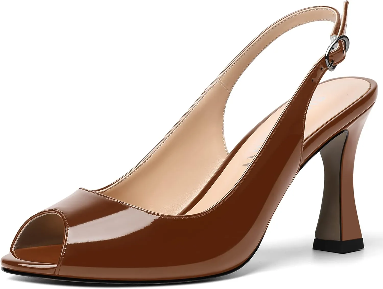 SKYSTERRY Womens Buckle Solid Wedding Peep Toe Patent Cute Slingback Spool High Heel Pumps Shoes 3.3 Inch