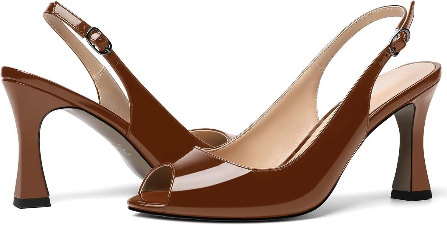 SKYSTERRY Womens Buckle Solid Wedding Peep Toe Patent Cute Slingback Spool High Heel Pumps Shoes 3.3 Inch