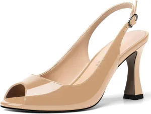 SKYSTERRY Womens Buckle Solid Wedding Peep Toe Patent Cute Slingback Spool High Heel Pumps Shoes 3.3 Inch
