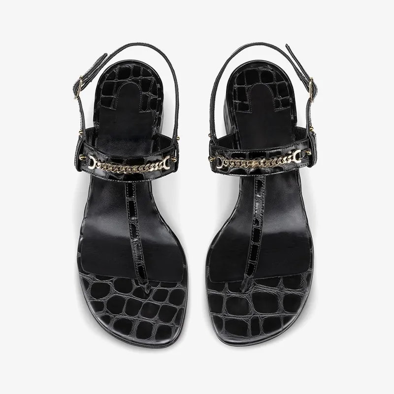 Sleek Black Alligator-Embossed Leather Sandal