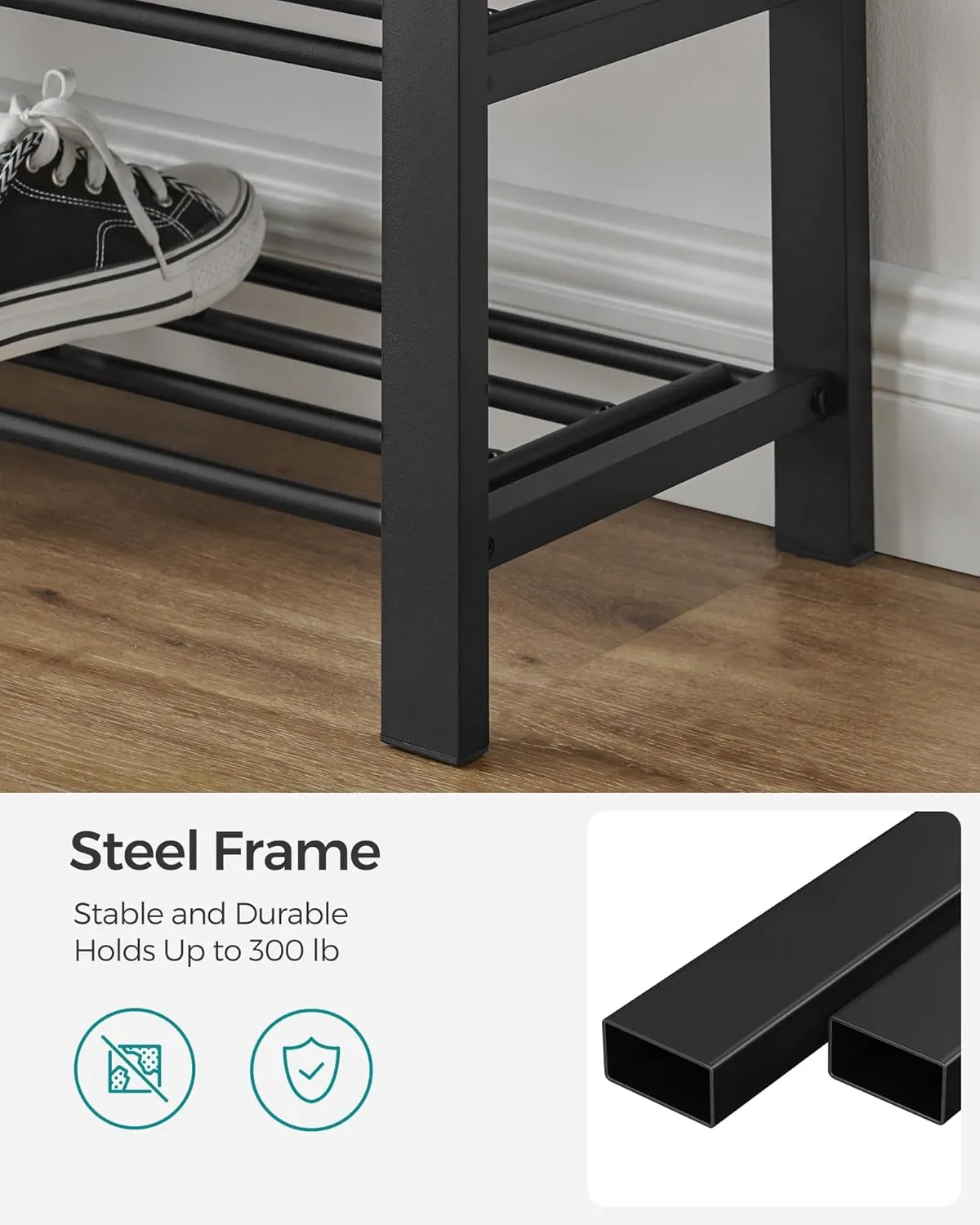 SONGMICS Shoe Bench, Storage Bench, Entryway Bench with Cushion, Shoe Shelf with Seat, Space-Saving, Modern Style, for Living Room, Bedroom, Hallway, Dark Gray and Ink Black ULBS57GYZ