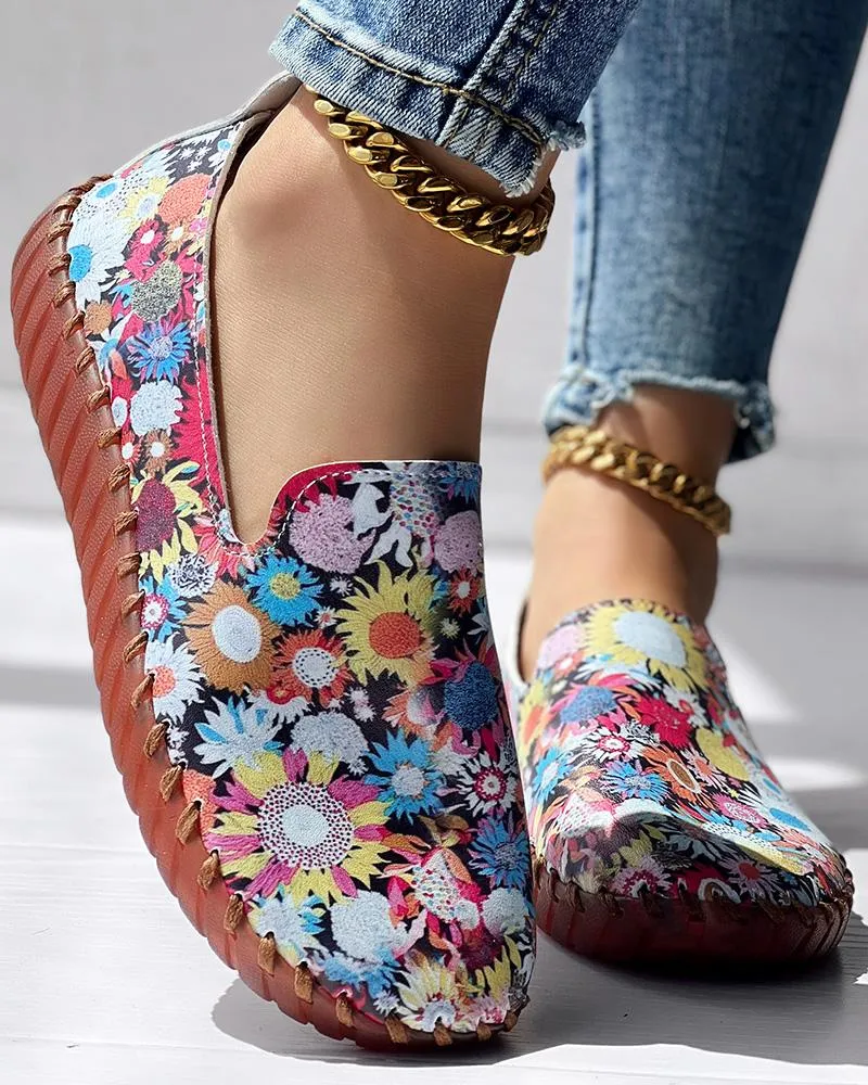 Sunflower Print Casual Slip On