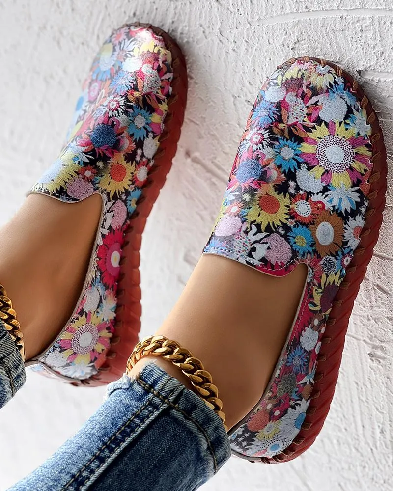 Sunflower Print Casual Slip On