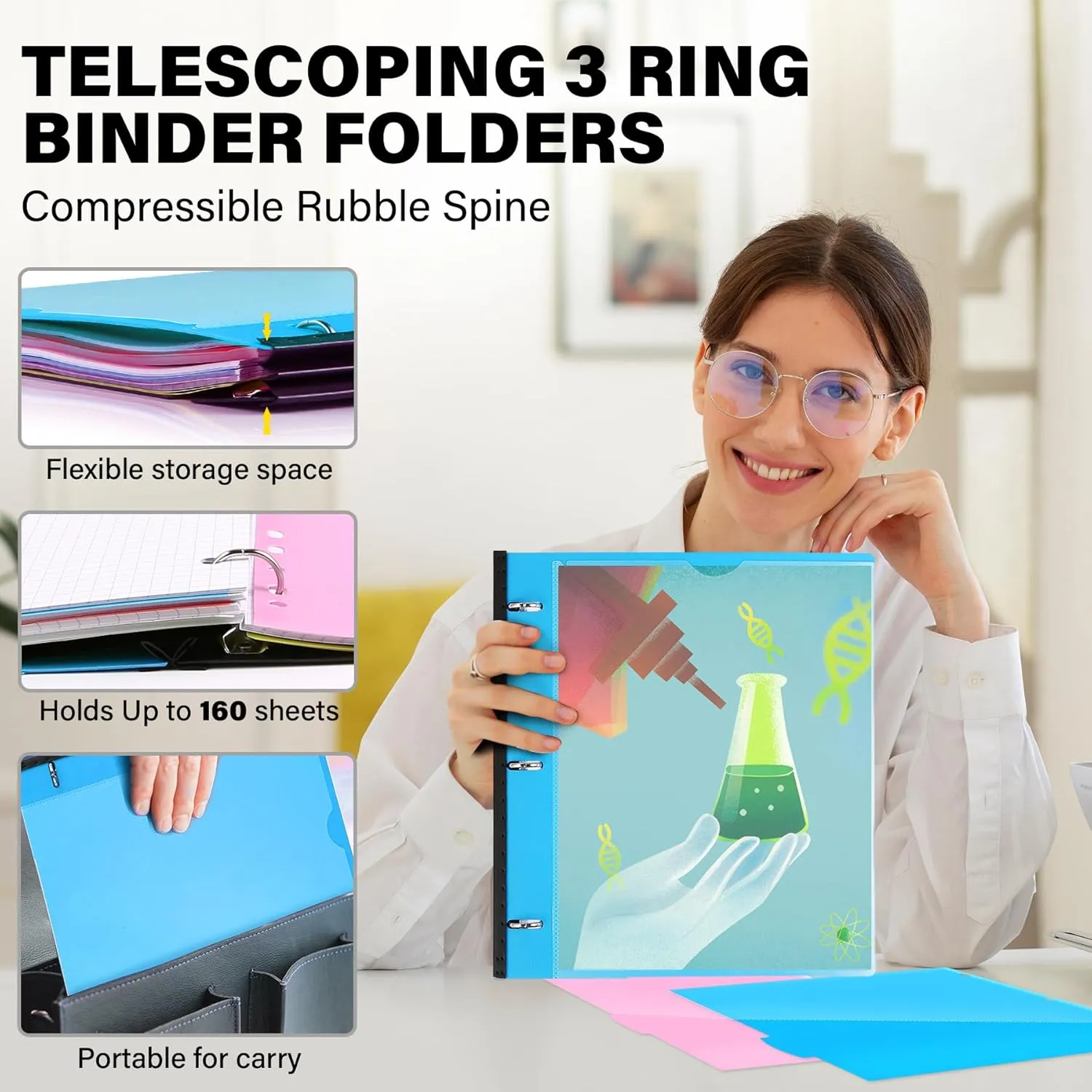 Telescoping 3 Ring Binder-4PCS, Flexible Binder with Customized Front Cover Clear Catalog Pocket 3 Round Rings, Flat Writing Binder, 4 Bright Colors