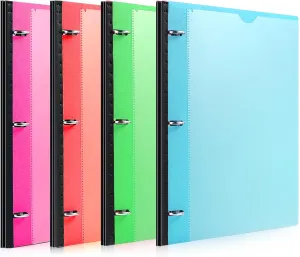 Telescoping 3 Ring Binder-4PCS, Flexible Binder with Customized Front Cover Clear Catalog Pocket 3 Round Rings, Flat Writing Binder, 4 Bright Colors