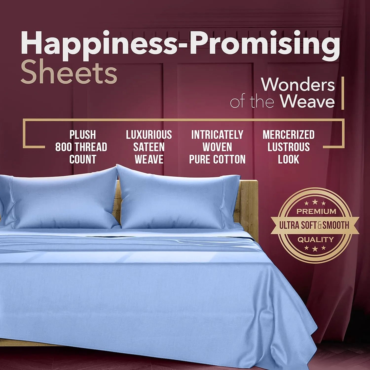 TEXAS LINEN CO. 800 TC Egyptian Cotton Sheets - 4 PC Deep Blue King Size Cooling Sheet for Hot Sleepers, Luxury Egyptian Cotton Bedsheet, Sateen Hotel Sheets, Fits Mattress Upto 18'' Deep Pocket