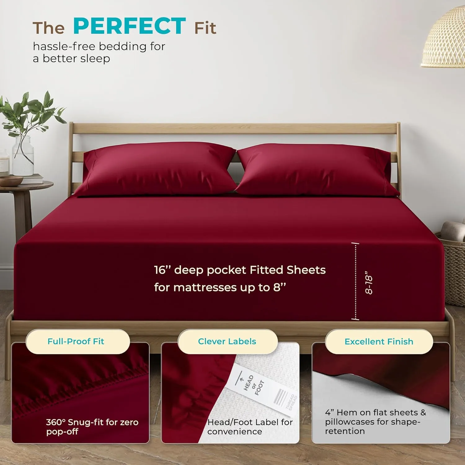 THREAD SPREAD 100% Egyptian Cotton Sheets Queen Size Bed Set - 4 PC 800 High Thread Count Egyptian Cotton Queen Sheet Set (Burgundy), Soft, Cooling, 16" Deep Pocket Sateen Weave Luxury Hotel Bedsheet