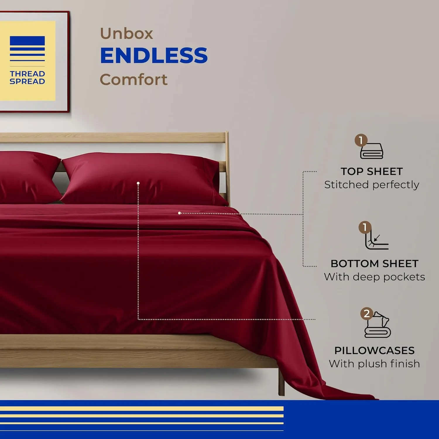 THREAD SPREAD 100% Egyptian Cotton Sheets Queen Size Bed Set - 4 PC 800 High Thread Count Egyptian Cotton Queen Sheet Set (Burgundy), Soft, Cooling, 16" Deep Pocket Sateen Weave Luxury Hotel Bedsheet