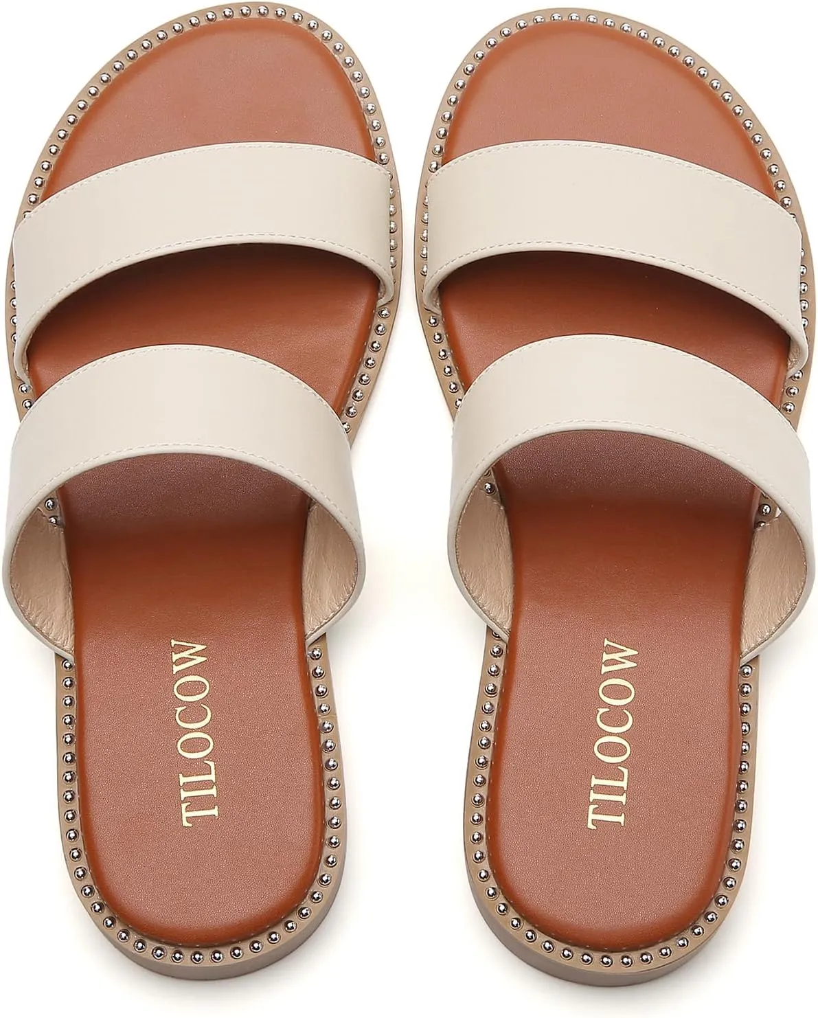 Tilocow Women's Flat Sandals with Rivets Inlaid Slip on Sandals Two Strap Casual Summer Slide Shoes