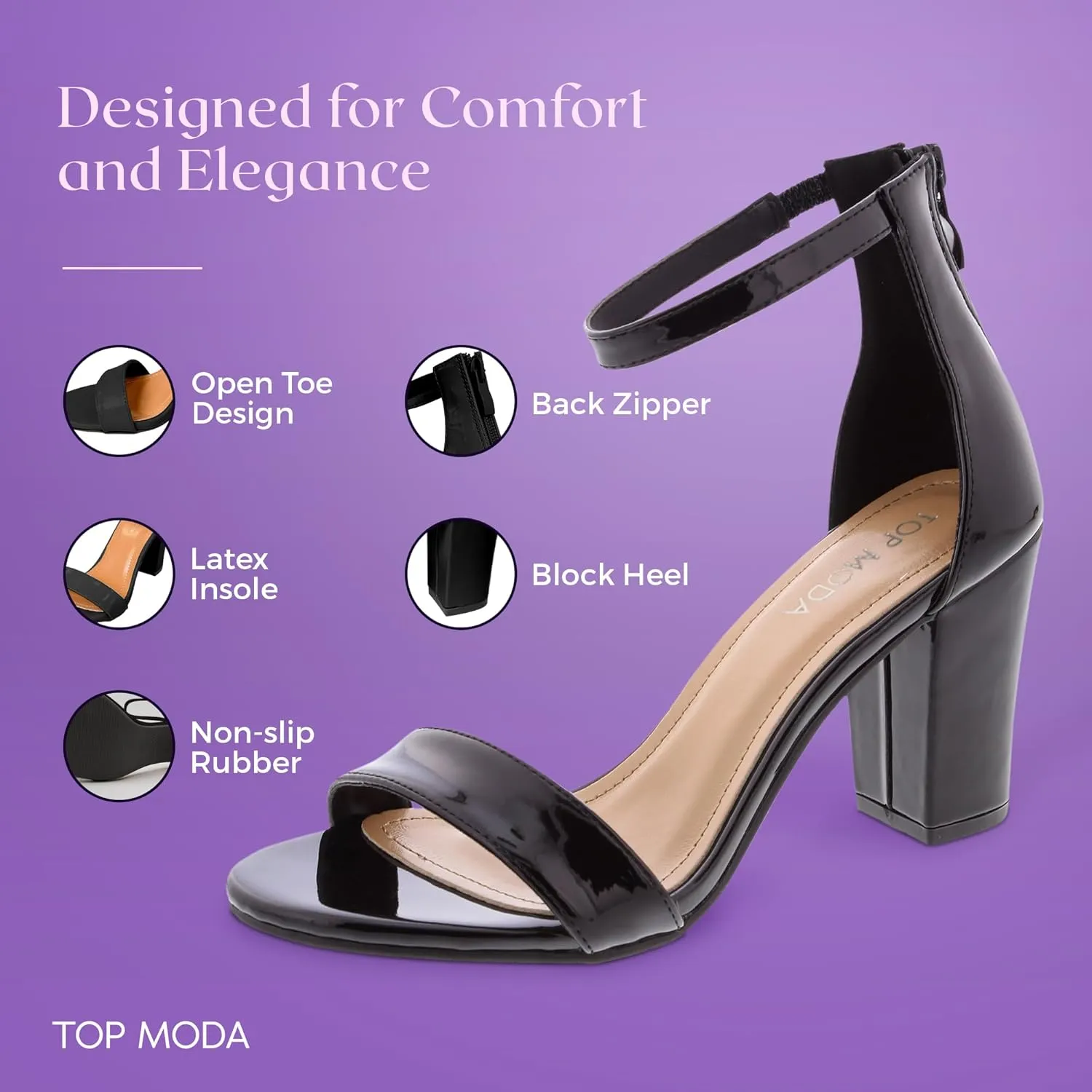 TOP MODA Hannah-1 Ankle Strap Dressy High Heel Sandal, Non-slip Sole, For Wedding, Party, Prom, Evening Wear, or Any Occasion, Sleek Style Block Heel Sandals