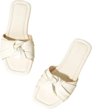 Verdusa Girl's Twist Front Slip on Slippers Y2k Ruched PU Leather Open Toe Flat Sandals White 4.5