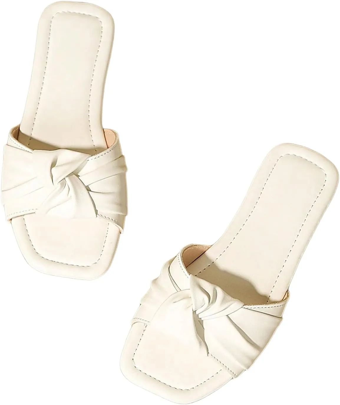 Verdusa Girl's Twist Front Slip on Slippers Y2k Ruched PU Leather Open Toe Flat Sandals White 4.5