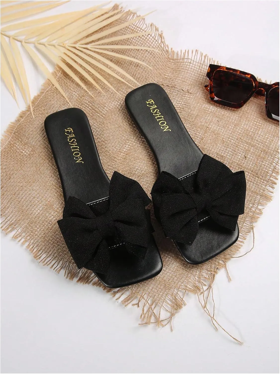Verdusa Women's Bow Square Toe Flat Sandals Summer Slides Slip On Sandals