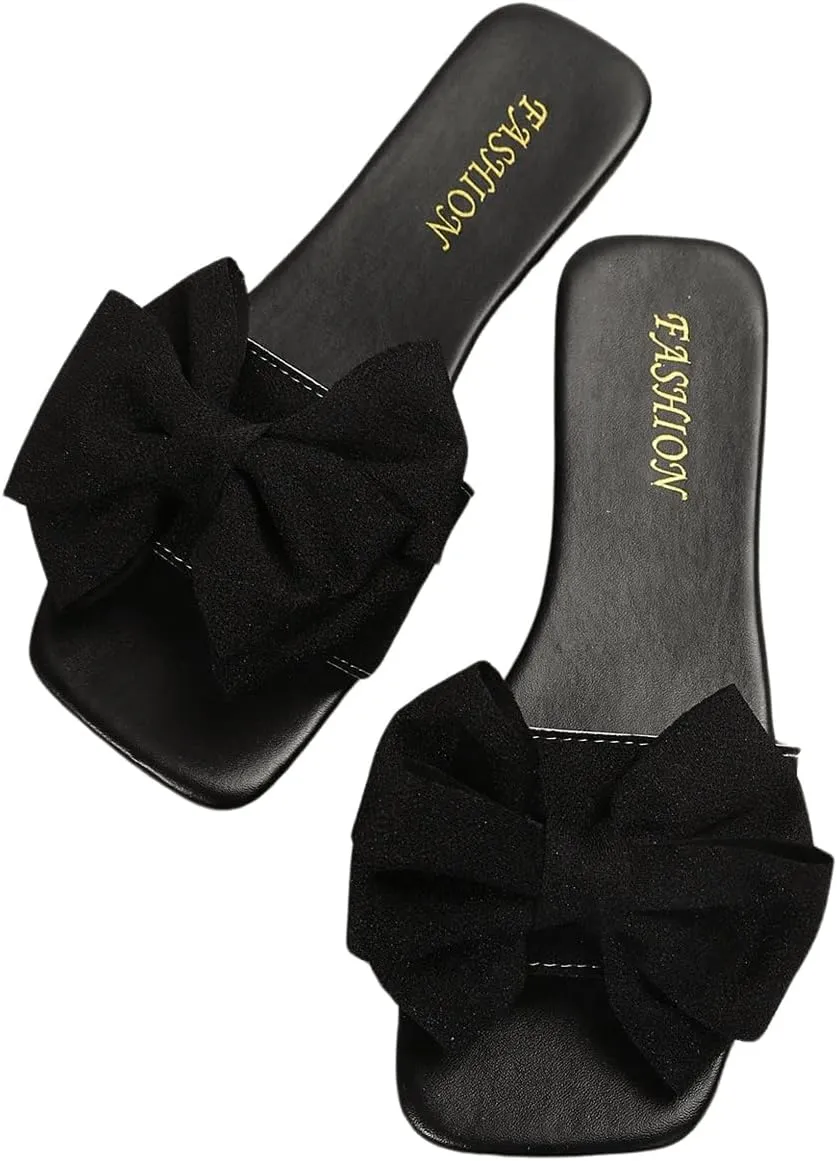 Verdusa Women's Bow Square Toe Flat Sandals Summer Slides Slip On Sandals