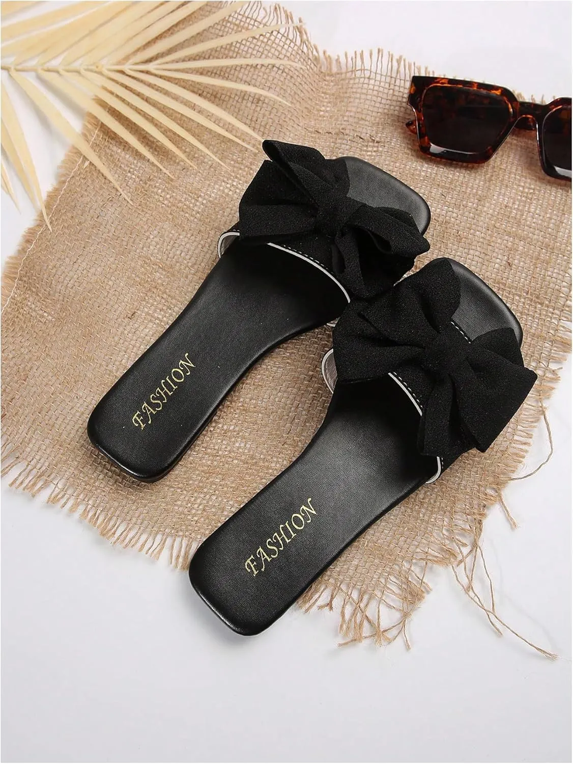 Verdusa Women's Bow Square Toe Flat Sandals Summer Slides Slip On Sandals