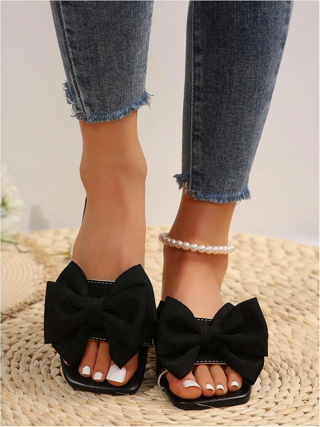 Verdusa Women's Bow Square Toe Flat Sandals Summer Slides Slip On Sandals
