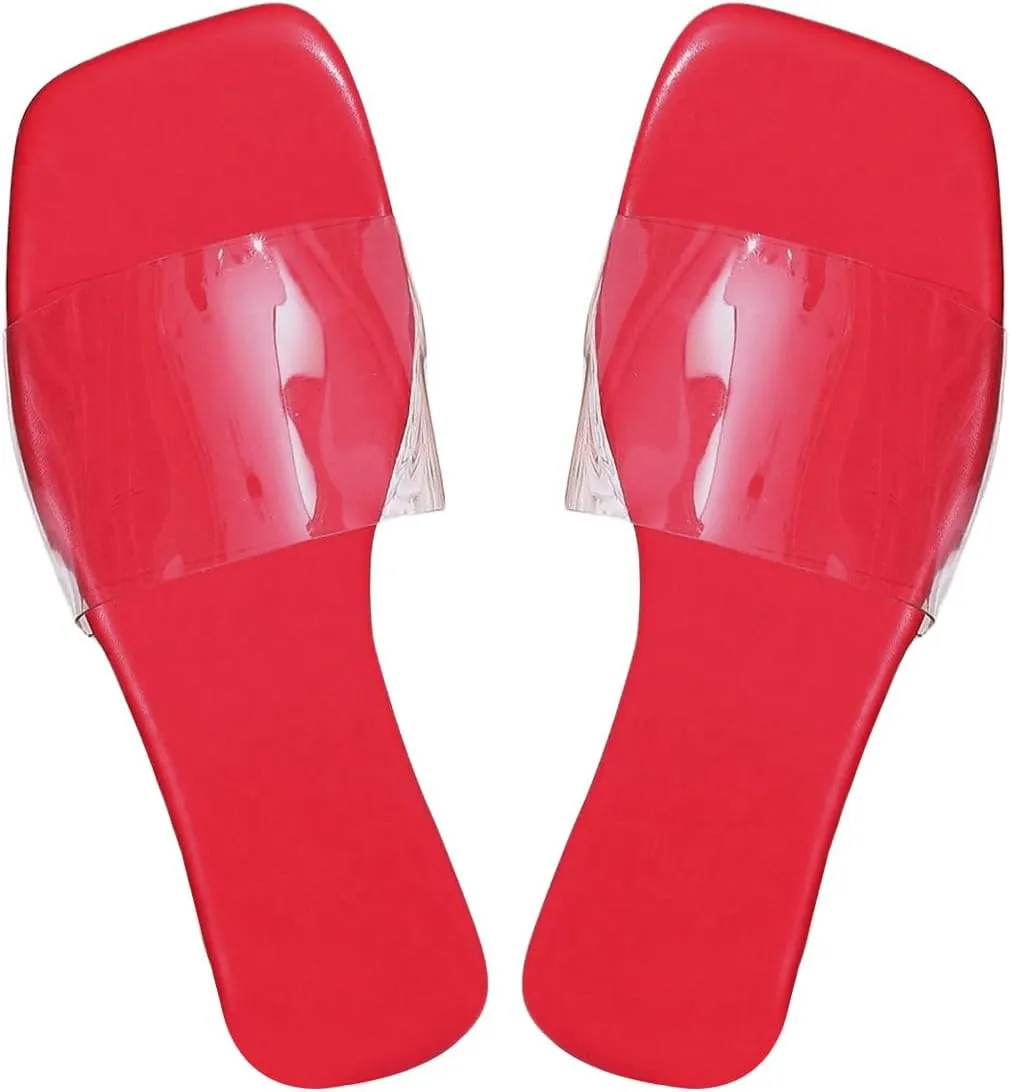 Verdusa Women's Clear Square Toe Slide Sandals Summer Slip On Flat Sandals