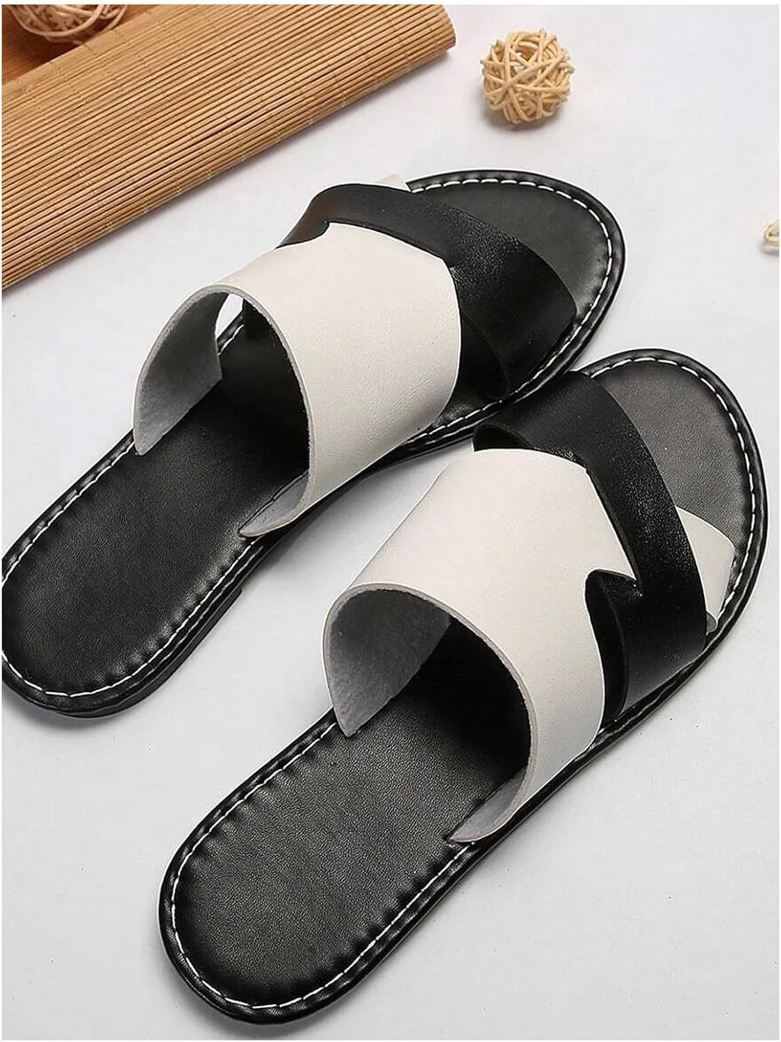 Verdusa Women's Color Block Flat Leather Sandals Open Toe Vacation Slip on Slides