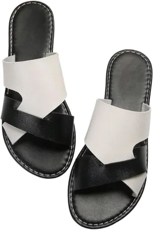 Verdusa Women's Color Block Flat Leather Sandals Open Toe Vacation Slip on Slides