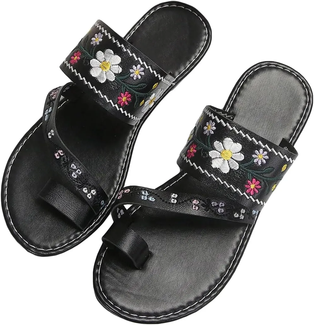 Verdusa Women's Embroidered Open Toe Slip On Flip Flop Sandals Summer Flat Sandals