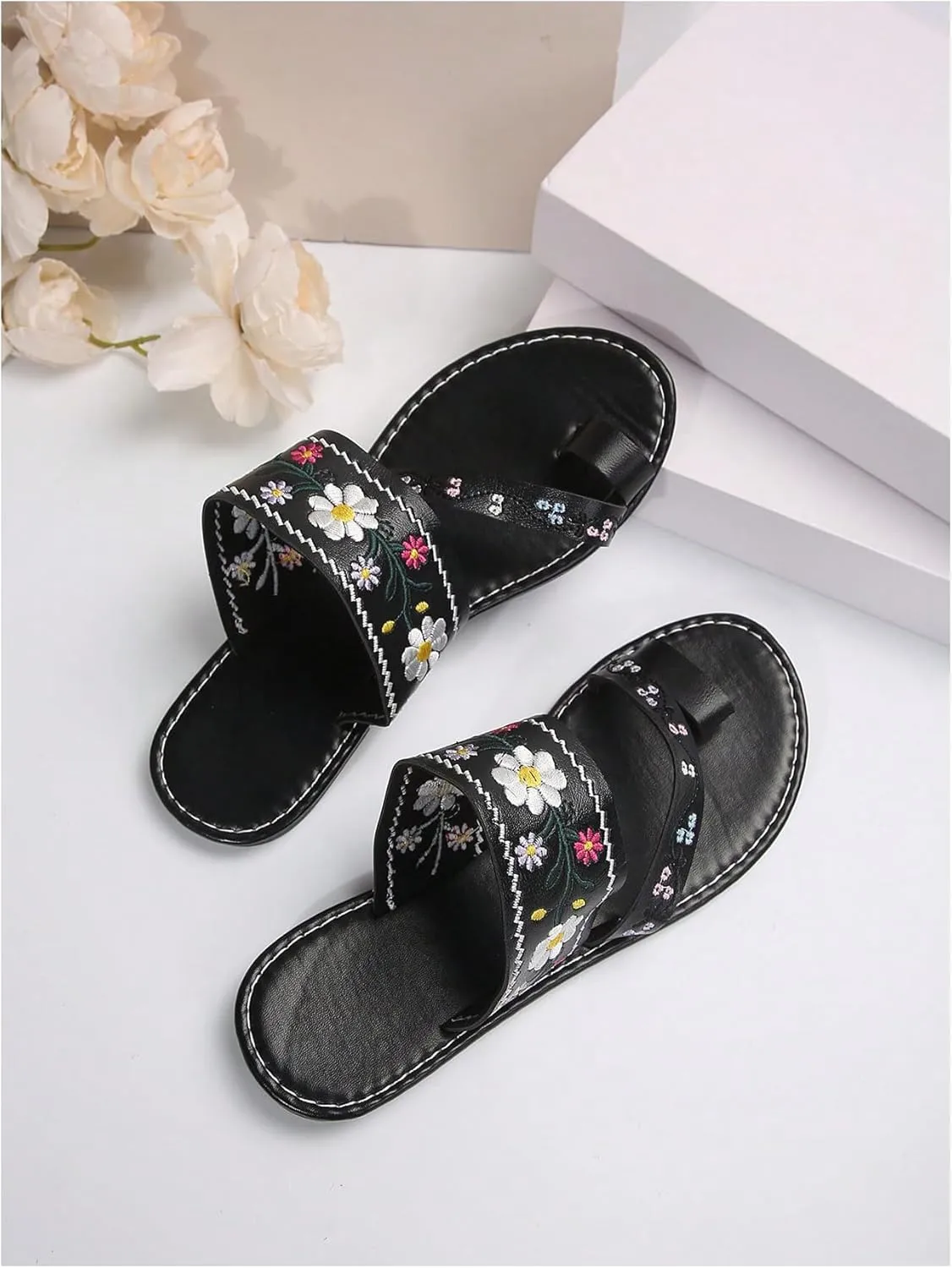 Verdusa Women's Embroidered Open Toe Slip On Flip Flop Sandals Summer Flat Sandals