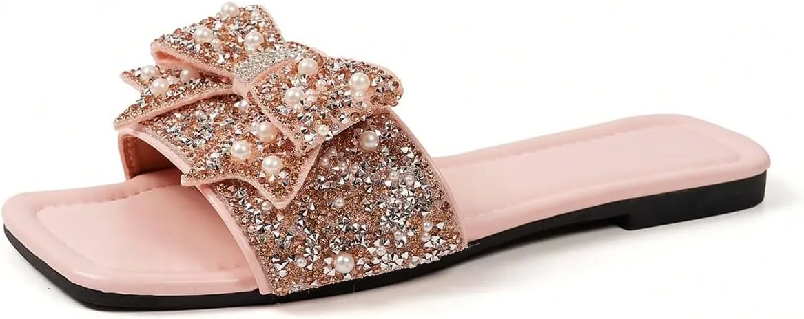 Verdusa Women's Rhinestone peals Bow Leather Flat Sandals Slip on Open Toe Sandals