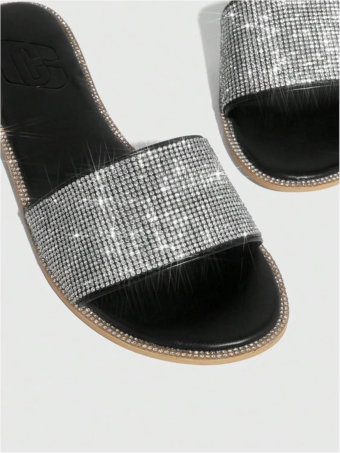 Verdusa Women's Rhinestone Sandals Sparkly Slip On Slides Open Toe Glitter Flat Sandals
