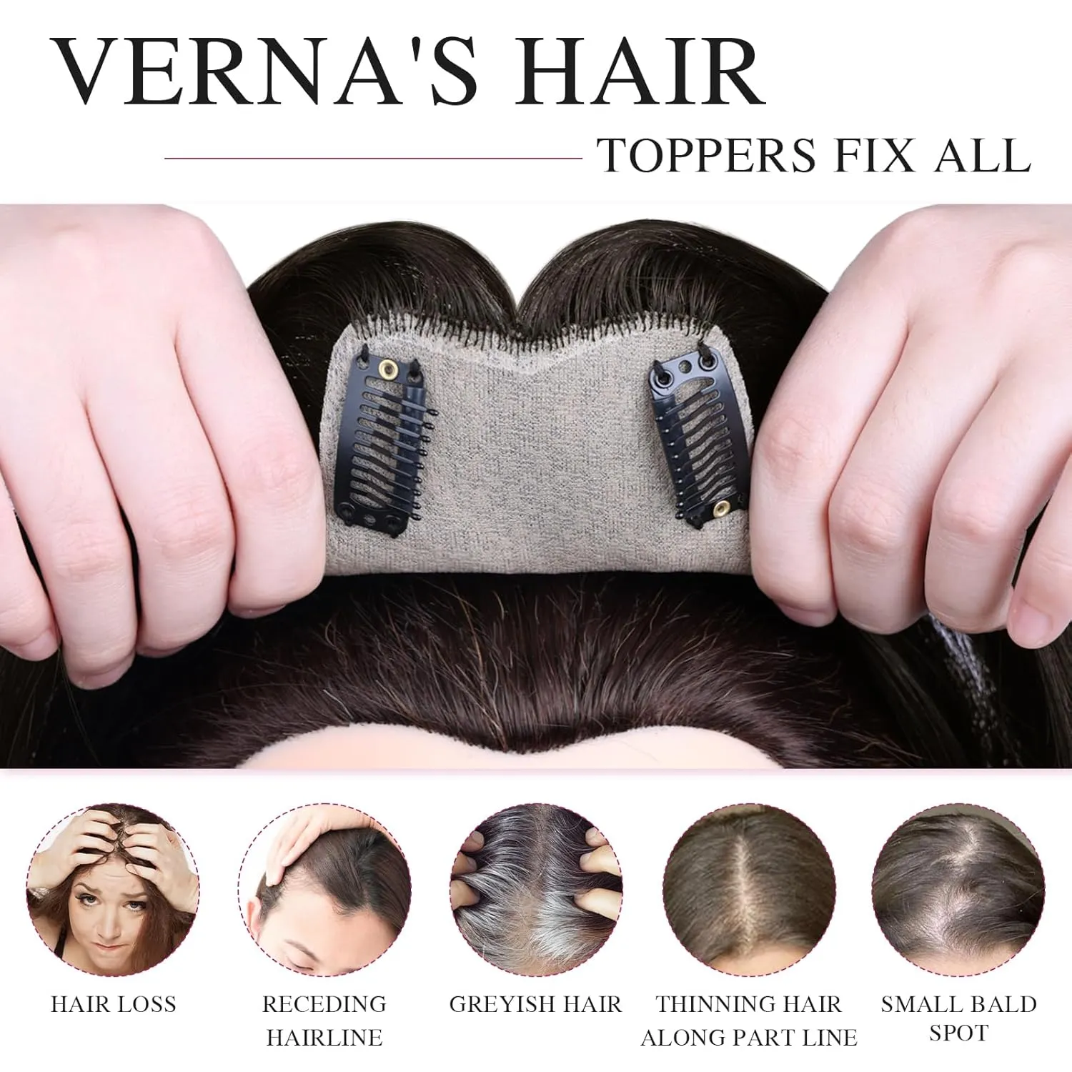 VERNA Real Human Hair Topper, 10 Inch 100％ Human Hair Toppers for Women with Thinning Hair, Large area Coverage Brown Black Hairpiece Wiglet for Daily Wear(8 * 11)