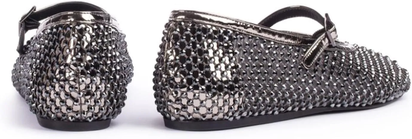 Vertundy Women's Mesh Ballet Flat Shoes with Rhinestone Round Toe Slip On Strap Buckle Causal Dress Crystal Fishnet Ballerina Shoes Ladies