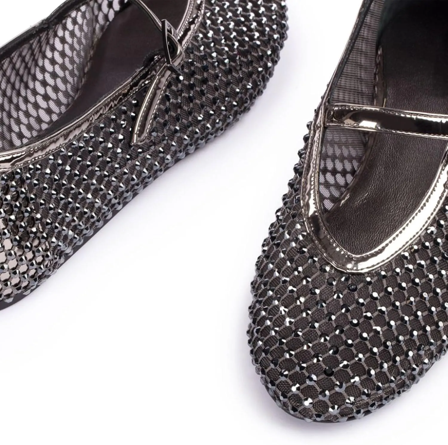 Vertundy Women's Mesh Ballet Flat Shoes with Rhinestone Round Toe Slip On Strap Buckle Causal Dress Crystal Fishnet Ballerina Shoes Ladies