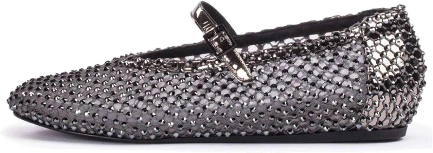 Vertundy Women's Mesh Ballet Flat Shoes with Rhinestone Round Toe Slip On Strap Buckle Causal Dress Crystal Fishnet Ballerina Shoes Ladies