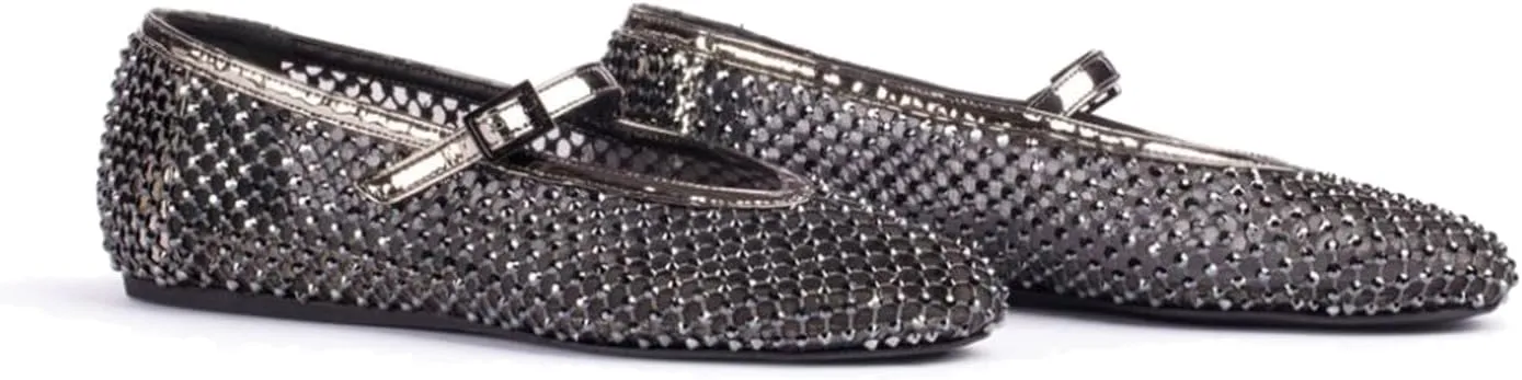 Vertundy Women's Mesh Ballet Flat Shoes with Rhinestone Round Toe Slip On Strap Buckle Causal Dress Crystal Fishnet Ballerina Shoes Ladies
