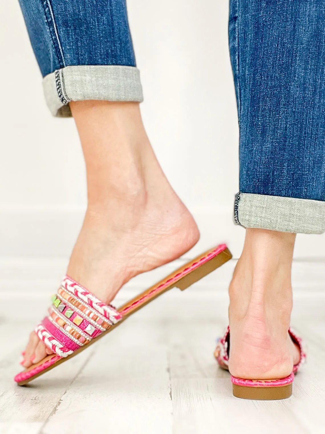 Vintage Bohemia Beach Flat Sandals in Hot Pink Multi Metallic
