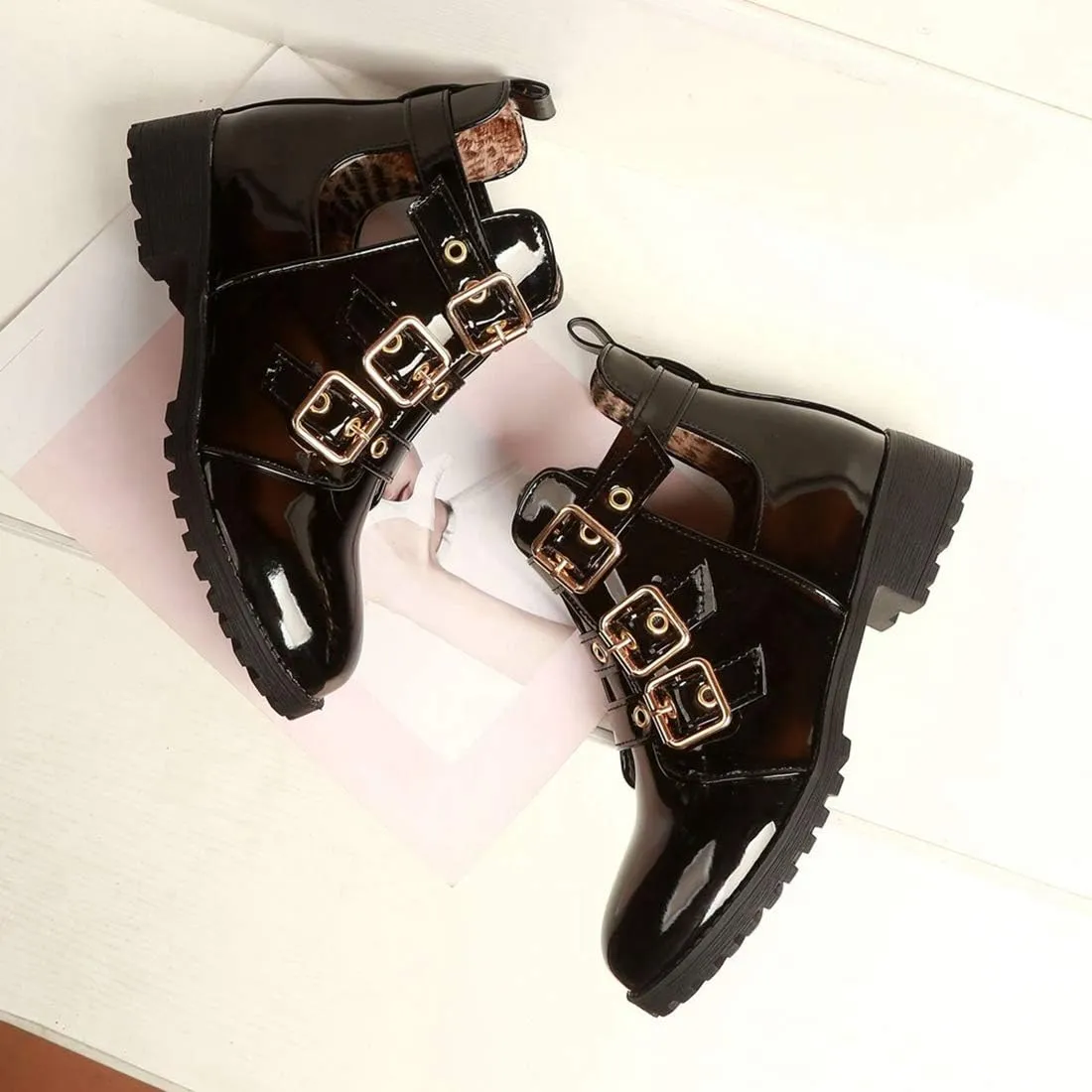 VOKLIN Women's Flat Round Toe Dressy Ankle Booties Fashion Buckle Strappy Zipper Low Heel Combat Short Boots