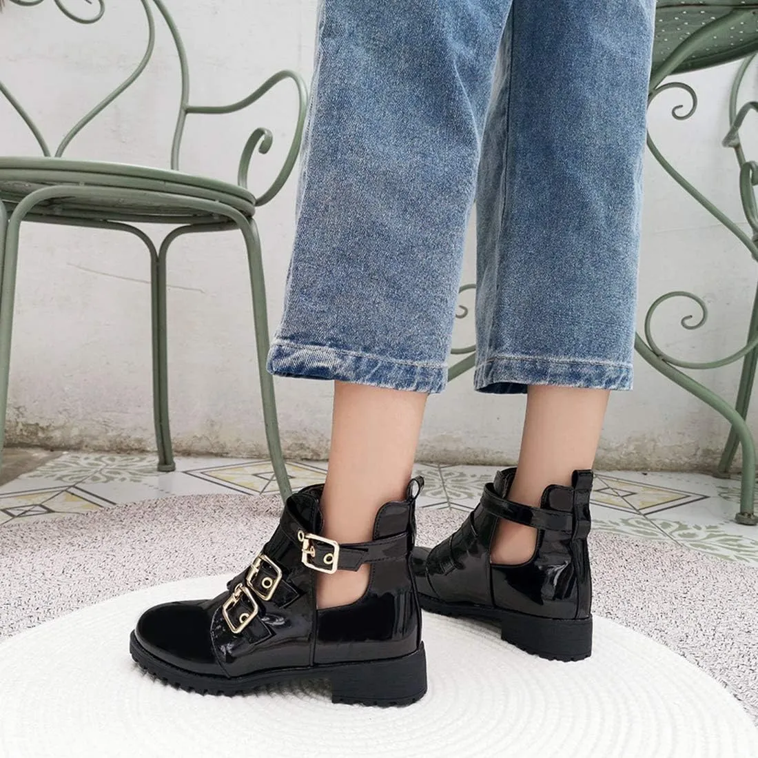 VOKLIN Women's Flat Round Toe Dressy Ankle Booties Fashion Buckle Strappy Zipper Low Heel Combat Short Boots