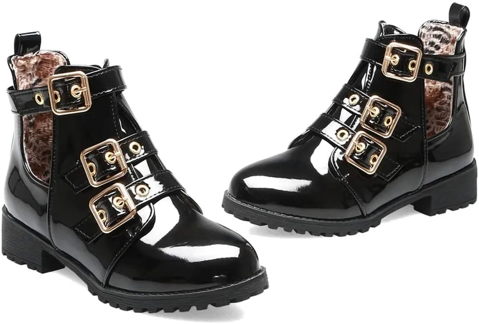 VOKLIN Women's Flat Round Toe Dressy Ankle Booties Fashion Buckle Strappy Zipper Low Heel Combat Short Boots