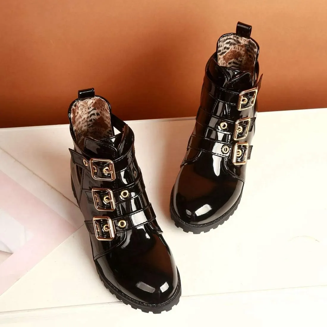 VOKLIN Women's Flat Round Toe Dressy Ankle Booties Fashion Buckle Strappy Zipper Low Heel Combat Short Boots
