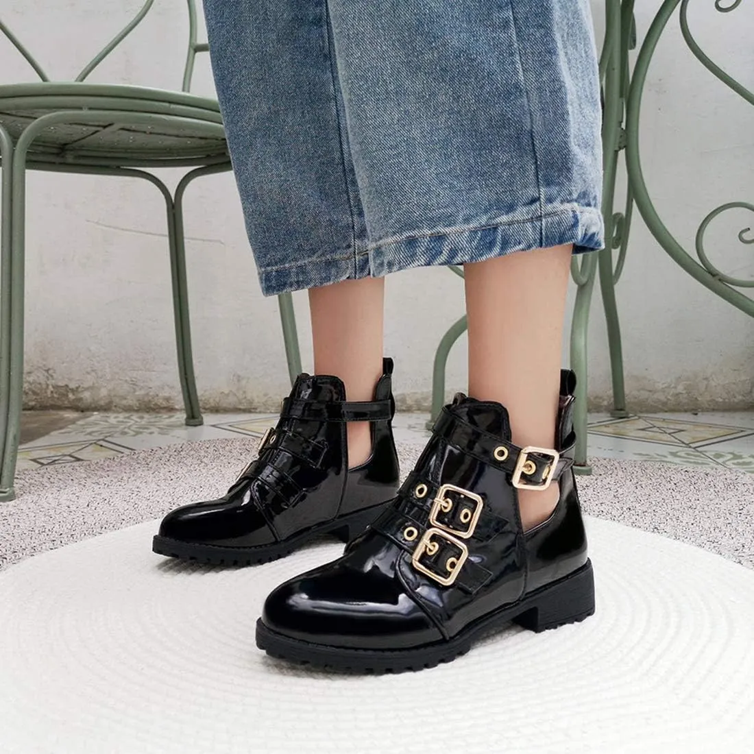 VOKLIN Women's Flat Round Toe Dressy Ankle Booties Fashion Buckle Strappy Zipper Low Heel Combat Short Boots
