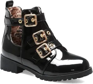 VOKLIN Women's Flat Round Toe Dressy Ankle Booties Fashion Buckle Strappy Zipper Low Heel Combat Short Boots