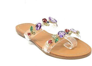 Wild Diva Womens's Rosabel-60 Rhinestone Accent Clear Straps Slip On Jeweled Flat Sandals