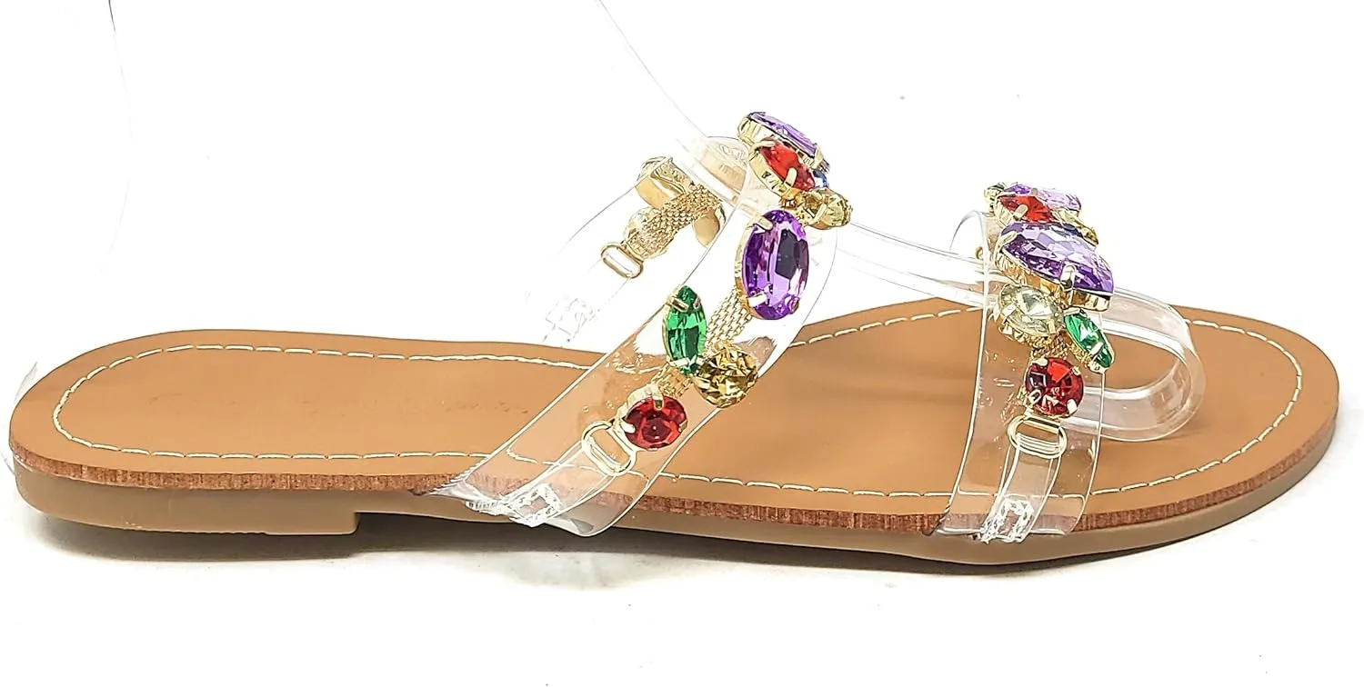 Wild Diva Womens's Rosabel-60 Rhinestone Accent Clear Straps Slip On Jeweled Flat Sandals