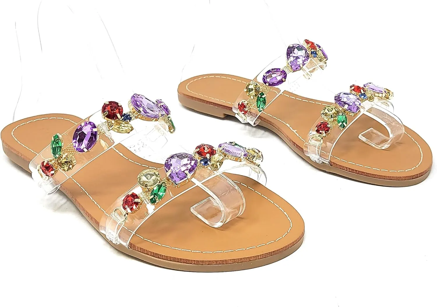 Wild Diva Womens's Rosabel-60 Rhinestone Accent Clear Straps Slip On Jeweled Flat Sandals