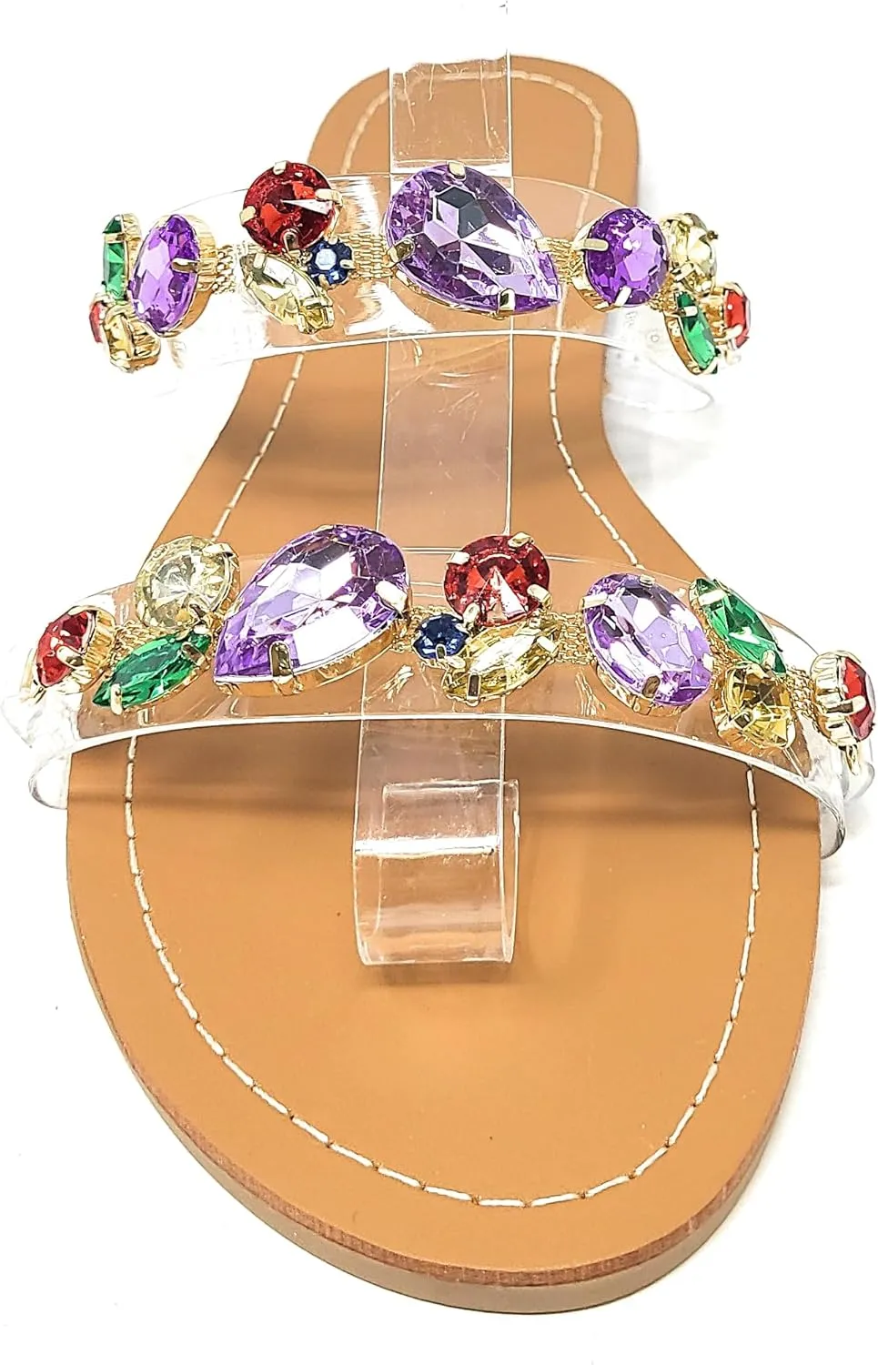 Wild Diva Womens's Rosabel-60 Rhinestone Accent Clear Straps Slip On Jeweled Flat Sandals