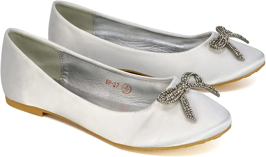 Women Flat Bridal Satin Slip On Ballerina Pumps Ladies Diamante Bow Bridesmaid Shoes