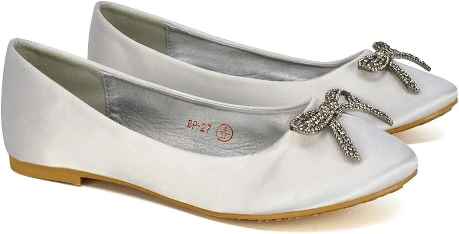 Women Flat Bridal Satin Slip On Ballerina Pumps Ladies Diamante Bow Bridesmaid Shoes