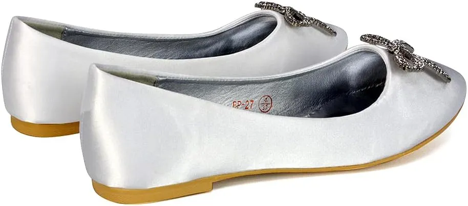 Women Flat Bridal Satin Slip On Ballerina Pumps Ladies Diamante Bow Bridesmaid Shoes