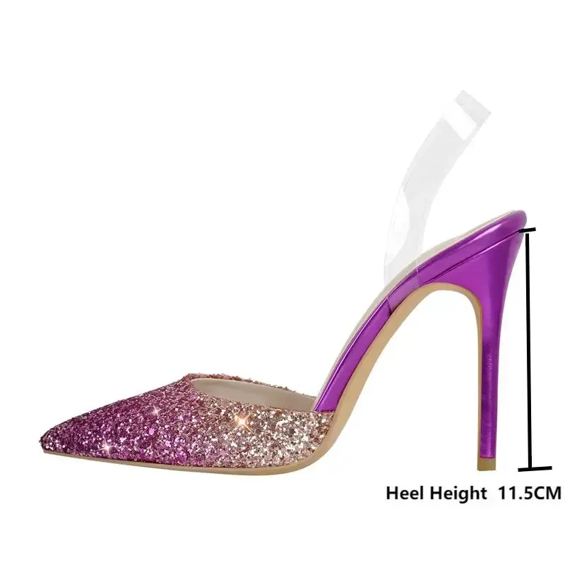 Women Pointed Toe Sequined Slingback Stiletto Thin Heel  Party Dress PVC Sandals