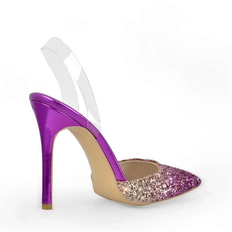 Women Pointed Toe Sequined Slingback Stiletto Thin Heel  Party Dress PVC Sandals